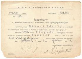 1939. Névre szóló, kitöltött igényjogosultsági igazolvány a Károly-csapatkereszt kitüntetéshez, a "Magyar Királyi Honvédelmi Minister" szárazbélyegzővel T:VG kis anyaghiány Hungary 1939. Bearers ID for the "Charles Troop Cross" decoration, with embossed stamp from the Hungarian Royal Secretary of Defense C:VG small missing material