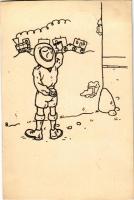 1937 5. sz. KEG (Katolikus Egyetemi Gimnázium) cserkészcsapat / Hungarian boy scout art postcard s: Bartha Ferenc + "Budapesti 5. sz. K.E.G. cserkészcsapat" (vágott / cut)