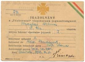 1943. Névre szóló, kitöltött viselői igazolvány a Tűzkereszt I. fokozatához, a "M. Kir. Görgey Arthur 13. honvéd gyalogezred - parancsnokság" pecsétjével T:F