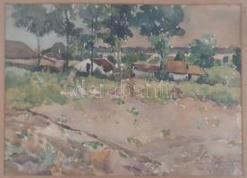 Burghardt József (1880-?): Faluvége. Akvarell, papír, jelezve jobbra lent. Üvegezett, sérült fakeretben. 28,5x38,5 cm
