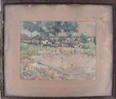 Burghardt József (1880-?): Faluvége. Akvarell, papír, jelezve jobbra lent. Üvegezett, sérült fakeret...