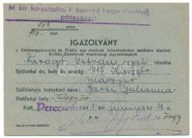 1941. Névre szóló, kitöltött viselői igazolvány az Erdélyi Emlékéremhez, a "M. Kir. kárpátalja I. honvéd hegyi zászlóalj pótszázad" pecsétjével T:AU,XF Hungary 1941. Bearer's ID for the "Commemorative Medal for the Liberation of Transylvania" decoration, with cancellation of the "Hungarian Royal Subcarpathians 1st Honvéd - Mountain Battalion - Reserve company" C:AU,XF