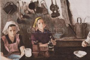 Bernáth Aurél (1895-1982): Család. Színezett rézkarc, papír, jelzett. Üvegezett, kissé sérült fakere...