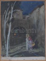 Vadász Miklós (1884-1927 v. 1928): Gyerekek (meseillusztráció?). Akvarell, papír. Jelzett. Üvegezett, dekoratív, kissé sérült fakeretben. 11×8,5 cm