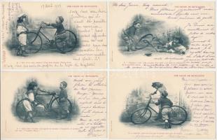 Une Lecon de Bicyclette / Kerékpár lecke / A Bicycle Lesson - 8 db régi képeslap (egy sorozat) / 8 pre-1945 postcards (1 series)