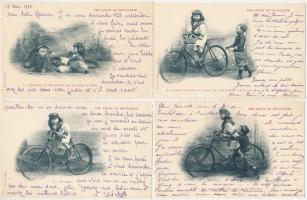 Une Lecon de Bicyclette / Kerékpár lecke / A Bicycle Lesson - 8 db régi képeslap (egy sorozat) / 8 p...