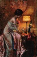 Sein Blumengruß / Erotikus hölgy művészlap / Erotic lady art postcard. Paul Heckscher No. 1220/6. s: Enjolras