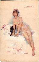Dans le demi-monde / Erotikus meztelen hölgy művészlap macskával / Erotic nude lady art postcard with cat. Marque L-E déposé Paris Série 38. 3. s: Suz. Meunier (EM)