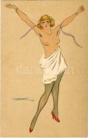 Erotikus meztelen hölgy művészlap / Italian erotic nude lady art postcard. 3241-10. s: Calderara