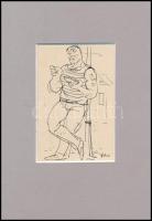 Gönczi Béla (1934-): Illusztráció Rejtő Jenő 14 karátos autó c. művéhez. Tus, papír. Jelzett. 11x7 cm, paszpartuban.