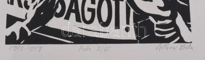 Gönczi Béla (1934-): 1919-1959. Linómetszet, papír. Jelzett. 29x19,5 cm