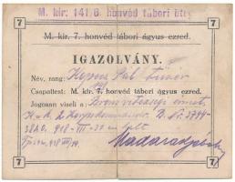 1918. Névre szóló, kitöltött viselői igazolvány a Bronz Vitézségi éremhez, a "M. Kir. 141/6 honvéd tábori üteg" pecsétjével T:F szép papír, de nagy szakadás Hungary 1918. Bearer's ID for the "Commemorative Medal for the Bronze Gallantry Medal" decoration, with cancellation from the "Hungarian Royal 141/6 Honvéd field battery" C:F fine paper, but big tears