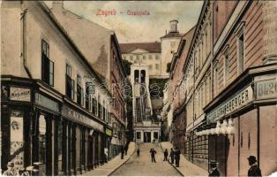 Zagreb, Zágráb, Agram; Uzpinjaca / Funiculaire / Sikló, Izidor Strassberger, Heimbach, Kavana, Mosinger üzlete. Stengel &amp; Co. / Funicular, shops (EM)