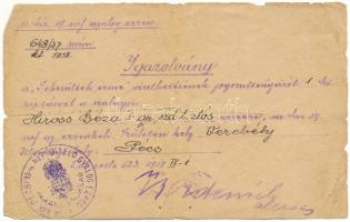 1918. Névre szóló, kitöltött viselői igazolvány a Sebesültek érméhez T:VG szakadások Hungary 1918. Bearer's ID for the "Wound Medal" T:VG tears