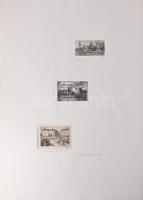 Váci András (1928-1989), 3 db grafika egy paszpartuban: Vajdahunyad, Milleniumi emlékmű, Móricz Zsig...