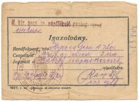 1918. Névre szóló, kitöltött viselői igazolvány a "Károly-csapatkereszthez" a "M. Kir. Pécsi népfölkelő gyalogezred" pecsétjével, hátoldalon "Tiszatarjáni anyakönyvi kerület" bélyegzéssel T:VG Hungary 1918. Bearer's ID for the "Charles Troop Cross" with stamp from the "Hungarian Royal Infantry Regiment of Pécs" and with "Tiszatarjáni anyakönyvi kerület" stamp on the back T:VG