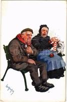Pipázó férfi kötögető asszonnyal és kutyával / Men smoking a pipe next to a knitting lady with dog. B.K.W.I. 719-4. s: Carl Josef (EK)