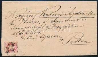 1867 5kr díjjegyes kivágással bérmentesített távolsági levél / Domestic cover franked with 5kr PS-cutting RAAB" - Pest