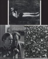 cca 1939 előtt, Munkácsi Márton (1896-1963) magyar - amerikai fotóriporter és fotóművész felvételei (Nyári tábor; Frida és Diego), + hozzáadva egy Munkácsi Mártonról készült képet, amelyen fotografál, miközben a medencében a vízen lebeg, 3 db modern nagyítás, jelzés nélkül, 21x15 cm és 15x21 cm