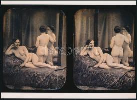 cca 1850 Színezett, sztereó dagerrotípia, szolidan erotikus felvétel, 1 db modern nagyítás, jelzés nélkül, 15x21 cm
