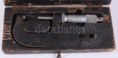 Antik micrometer, fa dobozában, h: 17 cm