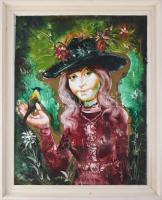 Szilágyi Imre (1942-): Lány madárkával. Olaj, karton, jelzés nélkül. 70x55 cm. Fakeretben.