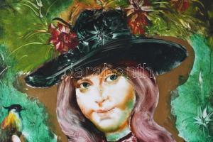 Szilágyi Imre (1942-): Lány madárkával. Olaj, karton, jelzés nélkül. 70x55 cm. Fakeretben