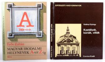 Erős Zoltán: Magyar irodalmi helynevek A-tól Z-ig. Bp., 1985, Móra. Fekete-fehér képekkel illusztrált. Kiadói kartonált papírkötés, kiadói papír védőborítóban, jó állapotban. + Kelényi György: Kastélyok, kúriák, villák. Építészeti hagyományok. Bp., 1980, Corvina. 2., átdolgozott kiadás. D. Kerekes Emőke rajzaival és Dobos Lajos fotóival. Kiadói kartonált papírkötés, kissé kopott borítóval.