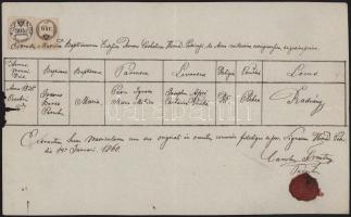 1860 Hernádpetri, keresztlevél 30kr + 6kr okmánybélyeggel, viaszpecséttel, kisebb lapszéli sérüléssel