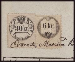 1860 Hernádpetri, keresztlevél 30kr + 6kr okmánybélyeggel, viaszpecséttel, kisebb lapszéli sérülésse...