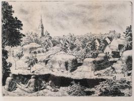 Tarjáni Simkovits Jenő (1895-1995): Igali szérűskert. Rézkarc, papír, jelzett. Üvegezett fakeretben. 30×43 cm