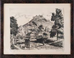 Tichy Kálmán (1888-1968): Faluhídja a Vár alatt (Krasznahorka Kraszna-horka büszke vára). Rézkarc, papír, jelzett, üvegezett fakeretben. 24x31 cm.