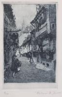 Rákosi Uitz János (1887-?): Utcarészlet. Rézkarc, papír, jelzett, számozott (8/50), üvegezett fakeretben, 14,5×9,5 cm