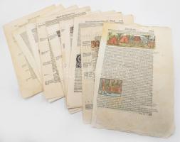 cca XVIII. sz.-XIX. sz. eleje, német nyelvű könyv/lexikon töredéke, 16 lap, benne többek közt a zsidó-római háborúkról szóló írásokkal, színezett fametszetű iniciálékkal és illusztrációkkal, változó állapotban