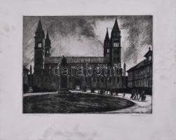 Conrád Gyula (1877-1959): A pécsi székesegyház, 1925. Rézkarc, papír, jelzett, lapszéli elszíneződésekkel, 28×36 cm