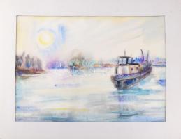 Kukovics Rózsa (1942-): Hajó a Dunán, 1985. Akvarell, papír. Jelzett. Paszpartuban. 34x49,5 cm