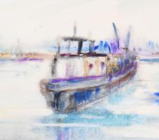 Kukovics Rózsa (1942-): Hajó a Dunán, 1985. Akvarell, papír. Jelzett. Paszpartuban. 34x49,5 cm