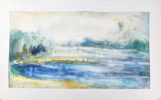 Kukovics Rózsa (1942-): Dunapart, 1982. Akvarell, papír. Jelzett. Paszpartuban. 34x65 cm
