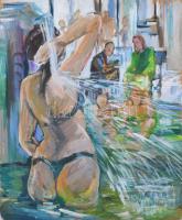 Sütő S. (Kovács) Edit (-): Zuhanyzó nő. Olaj, farsot. Jelzés nélkül, hátoldalán címkén feliratozott. Alsó sarkaiban kissé sérült. 60x50 cm