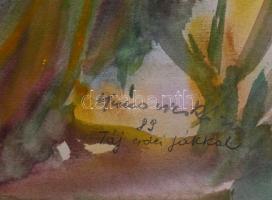 Kukovics Rózsa (1942-): Táj erdei fákkal, 1989. Akvarell, papír. Jelzett. Lap széle sérült. 35x50 cm