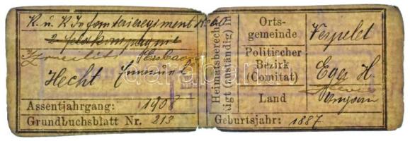 Katonai azonossági (dögcédula) adatlap, verpeléti származású katona részére kiállítva