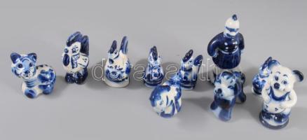 Orosz, Gzhell porcelán figurák és asztali só- és borsszóró készlet, kulacs, stb összesen 15 (18) db ...