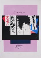 Hencze Tamás (1938-2018): Collage, Róma, '97/2007. Szitanyomat, papír, jelzett. Hencze Tamás autográf ajánlásával. Törésnyomokkal. Lapszéli ázásnyomokkal és apró szakadással. 48,5x38 cm