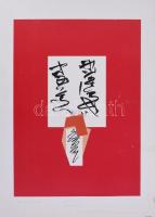 Hencze Tamás (1938-2018): Geometria és gesztus, '97/2007. Szitanyomat, papír, jelzett. Hencze Tamás autográf ajánlásával. Törésnyomokkal. Lapszéli ázásnyomokkal és apró sérülésekkel. 48,5x35 cm