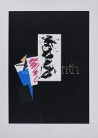 Hencze Tamás (1938-2018): Geometria és gesztus, '97/2007. Szitanyomat, papír, jelzett. Hencze Tamás autográf ajánlásával. Törésnyomokkal. Lapszéli kisebb ázásnyomokkal és apró szakadással. 48,5x35 cm