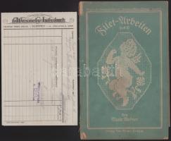 1922 Filet-Arbeiten Heft III, kézimunka (hímzés) útmutató füzet, fekete-fehér képekkel, német nyelven. Kiadói papírkötés, kisebb sérülésekkel, ázásnyomokkal, 40 p. + 1928 Bp., Weszely István fejléces számla női fürdőruháról