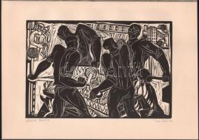 Turi Endre (1935-2024): Négyes öntés. Linómetszet, papír, jelzett. 20x30 cm.