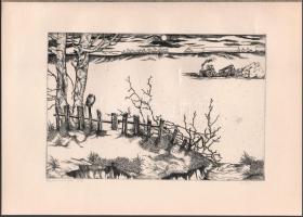 Révész Napsugár (1944-): Kerítés. Rézkarc, papír, jelzett, 19,5x29 cm