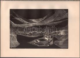 Klossy Irén (1943-): Kikötő (Baja?). Fametszet, papír. Jelzett Üvegezett fakeretben, 20×29,5 cm