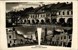 1941 Beszterce, Bistritz, Bistrita; Horthy Miklós tér, Mussolini utca, üzletek, piac / square, street, shops, market (EK)